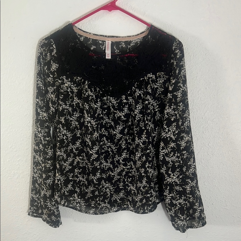 Xhilaration Black and White Embellished Blouse with Peter Pan Collar